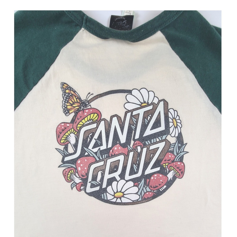 Santa Cruz Mushroom Butterfly‎ T-Shirt Womens Large Green Cream Raglan Sleeve